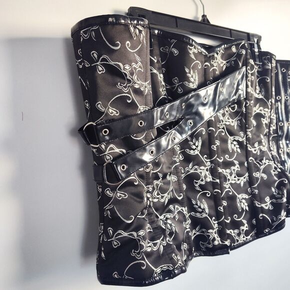 38" Black Silver Satin Underbust Wench Corset Tapestry Floral Embroidery Lace-Up - Picture 5 of 11